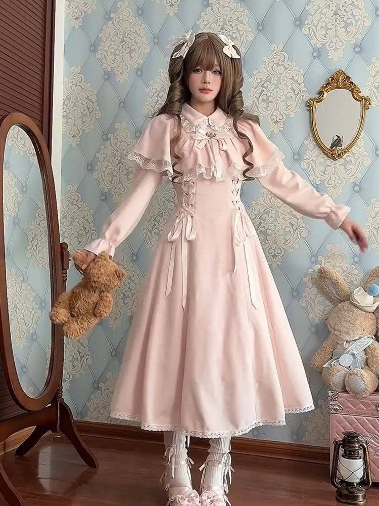 لوليتا Kawaii مقوس دانتيل ضمادة فستان فرنسي أنيق الحلو فستان الأميرة المرأة الخريف الكورية موضة خمر الوردي ميدي فستان #4