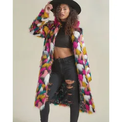 Rainbow colored Faux Fur Jacket For Women Coat Vintage Long Sleeve Fluffy Autumn Winter Warm Long Coats Bohemian Gpsy Outwear