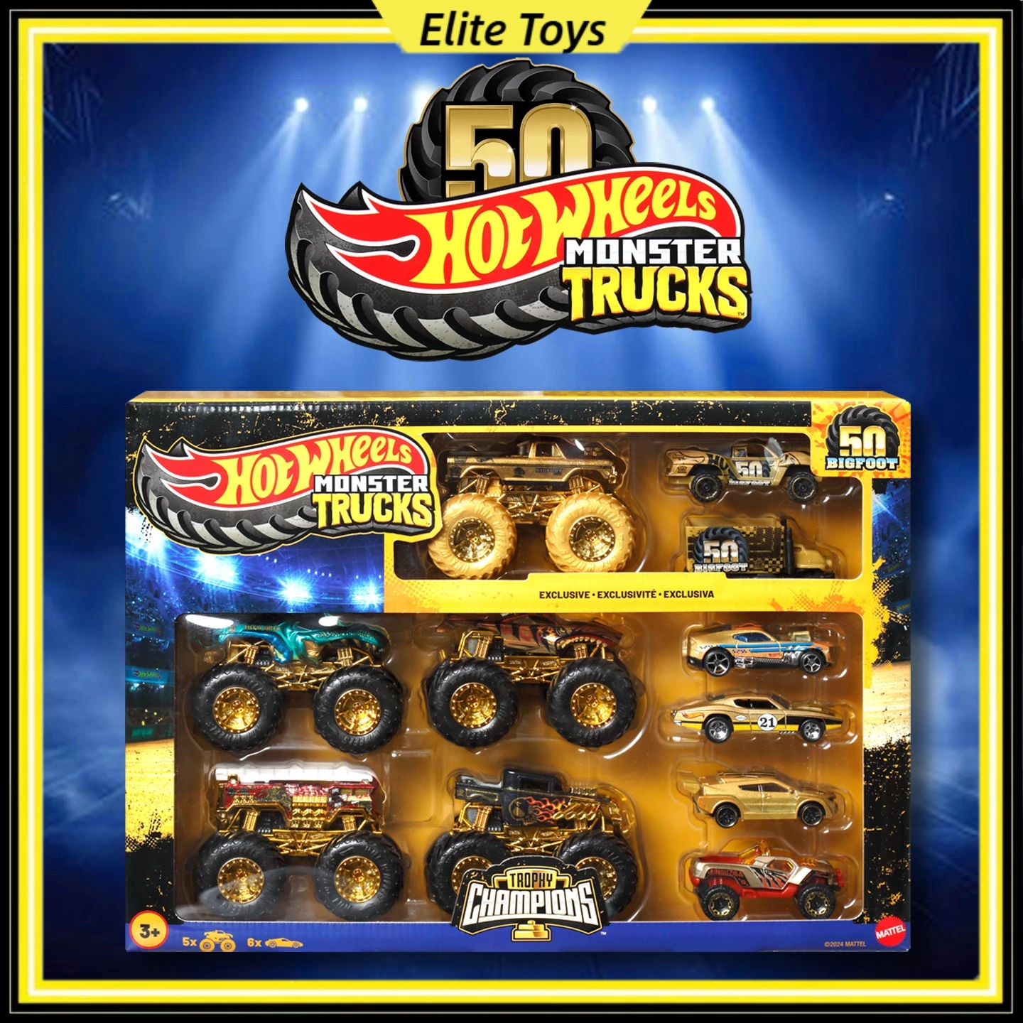 

Коллекционная модель автомобиля Hot Wheels Golden Monster Truck Bigfoot к 50-летию, литая под давлением, для детей и коллекционеров