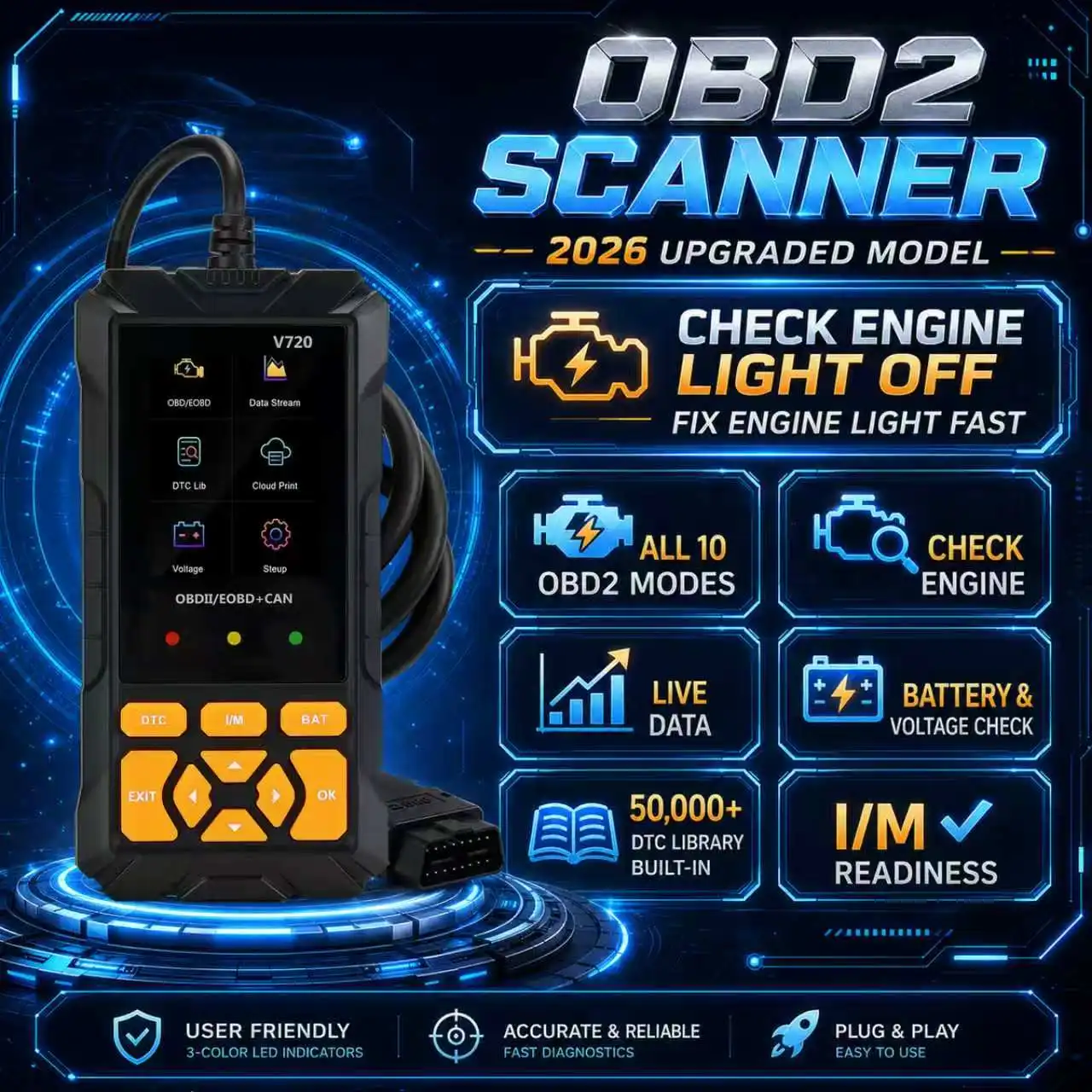 V720 Car Diagnostic Scanner Tool Automotive OBD2 Scanner for Engine Health Check with Color Screen