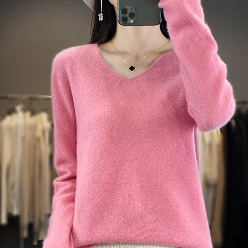 Women 100% Merino Wool Sweater V-Neck Basic Pullover Autumn Winter Cashmere Clothing Long Sleeve Soft Knitwear Tops Solid Color