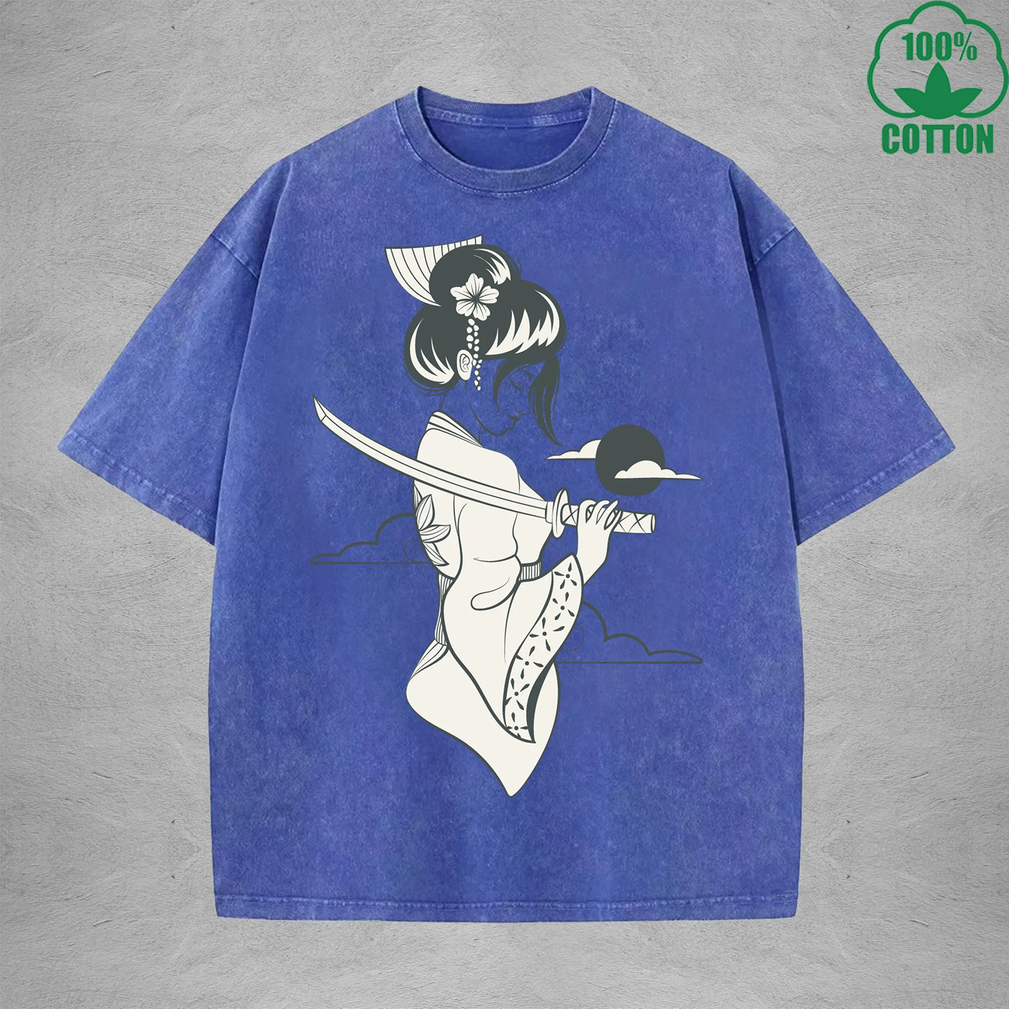 

Female Warrior Interest Printed Washed T-Shirt 230G Multicolor Loose Trendy Fashionable 100%Cotton Short Sleeve Top