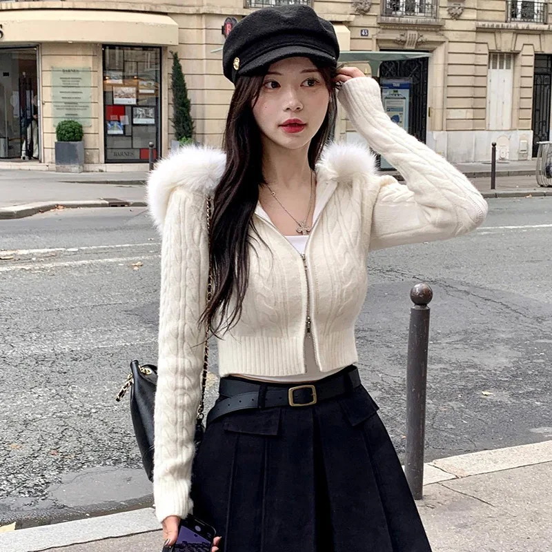 Korean Style Zip-up Cropped Sweater Cardigan Women Sweet Casual Basic Slim-fit Feathers Hooded Knitted Jackets Autumn