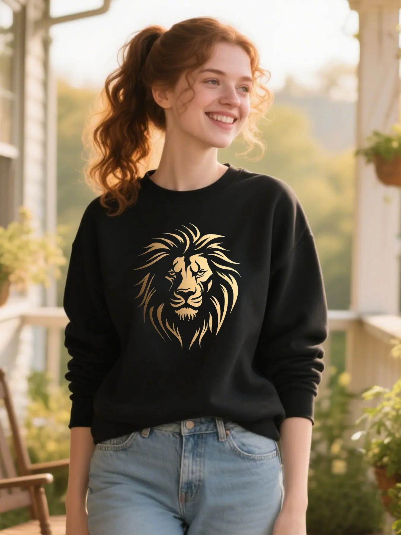

Soft Cotton Unisex Crewneck Sweatshirt With Golden Lion Head Print Cozy Casual Christmas Gift​