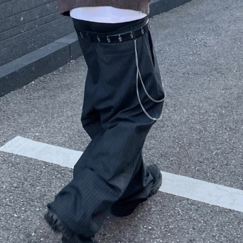 

High Street Striped Chain Hanging Suit Trousers for Men Patchwork Straight Loose Casual Pants Oversized Wide Leg Cargos
