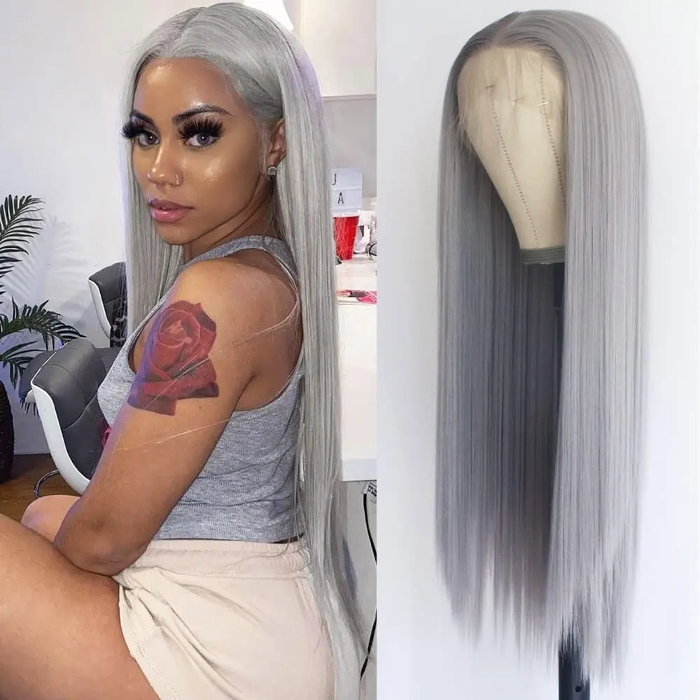 

Gray Synthetic Lace Front Wig Straight Blonde Lace Frontal Wig Synthetic Hair Transparent Full Lace Wigs For Women Cosplay Wig