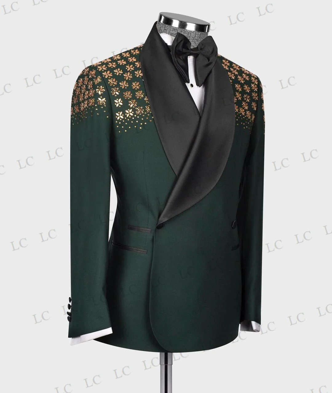 Trajes de 2 piezas para hombre, Blazer con cuentas de un botón, diamantes dorados, solapa ancha, ropa de trabajo Formal, novio de boda, talla grande a medida