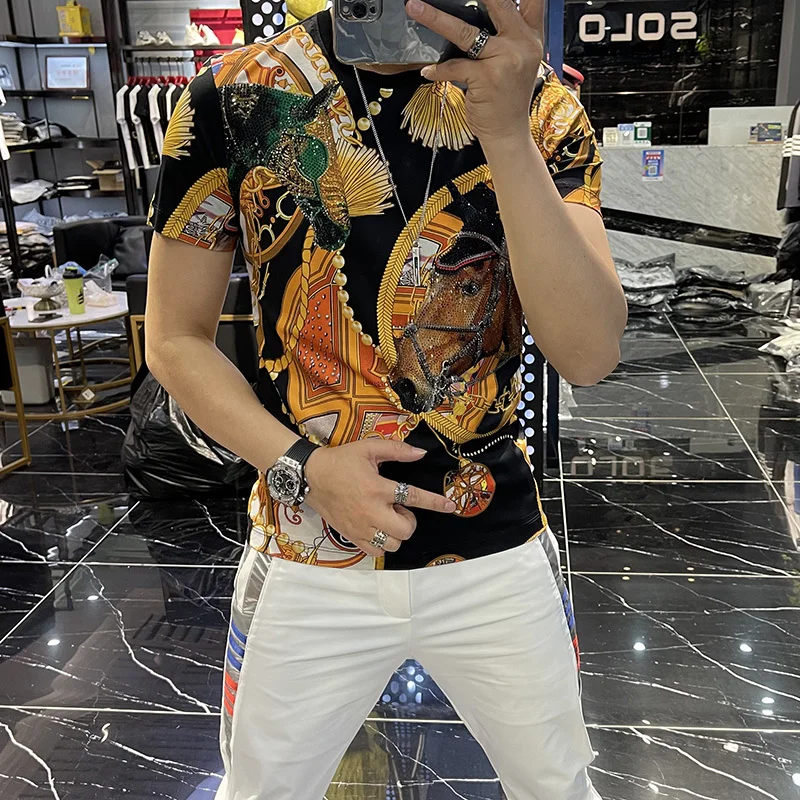 Men\'s 2021 Spring Korean Black Gold Slim Fit Hot Drilling Printing Luxury Animal Tide Brand Rhinestones Short Sleeve T-shirt Men