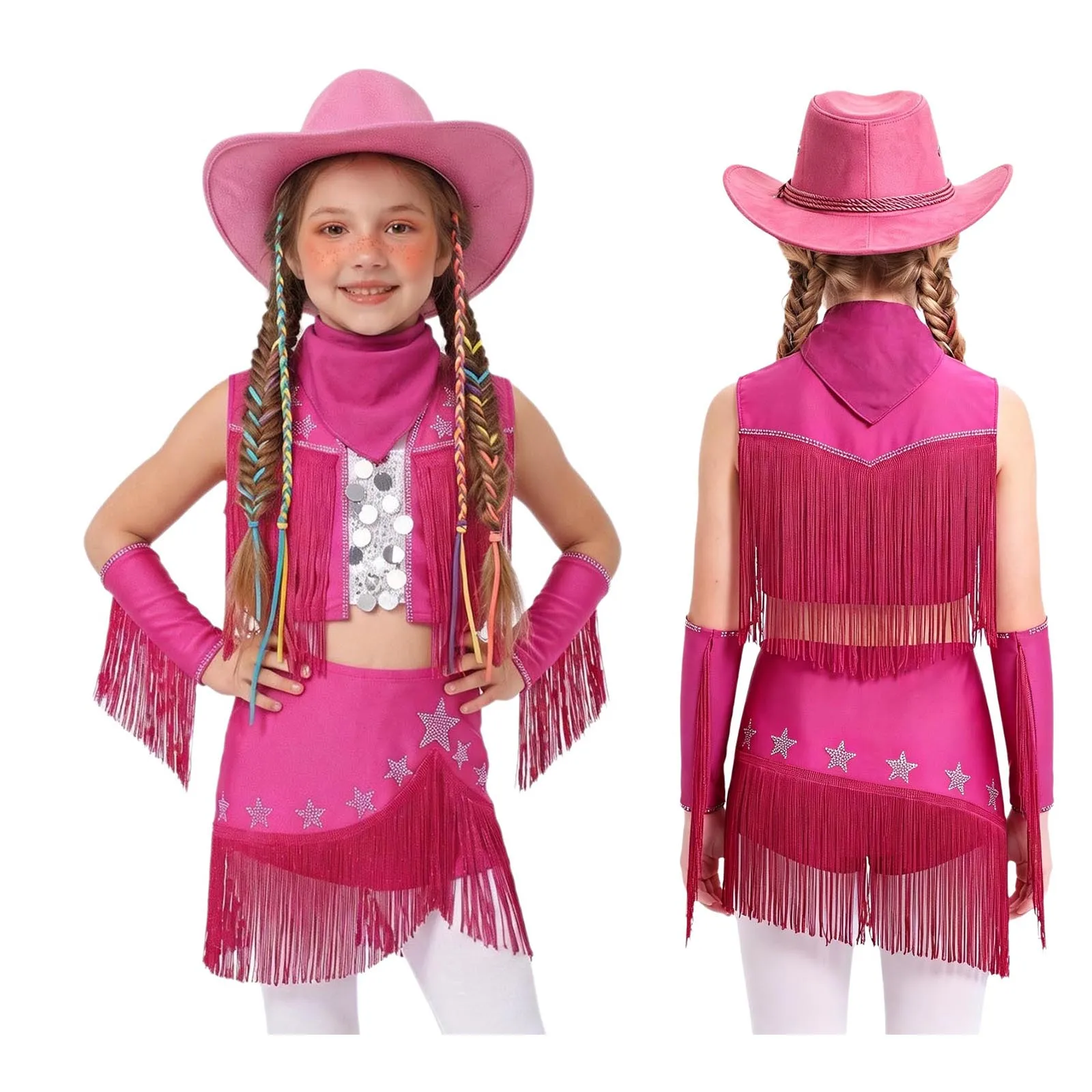 Teen Girls Halloween Western Cowgirl Costume Tassel Crop Vest Tops with Skirt Gloves Hat Kerchief Jazz Dance Performance Outfit view 2