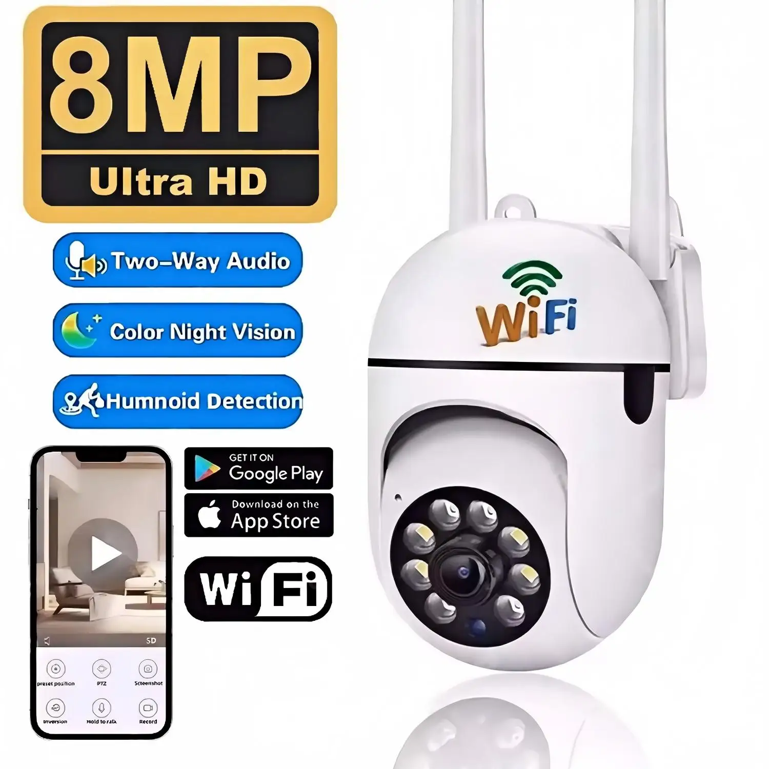 8MP Wifi IP Wireless Security Surveillance PTZ Camera 4X Zoom Cameras Tracking Two-way Audio HD Night Color Cam V360PRO APP