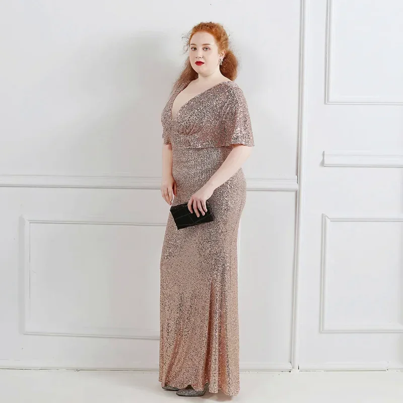 Sladuo Vrouwen Plus Size Formele Jurk Cap Mouw V-Hals Pailletten Gatsby Maxi Lange Zeemeermin Maxi Party Jurk Avondjurk