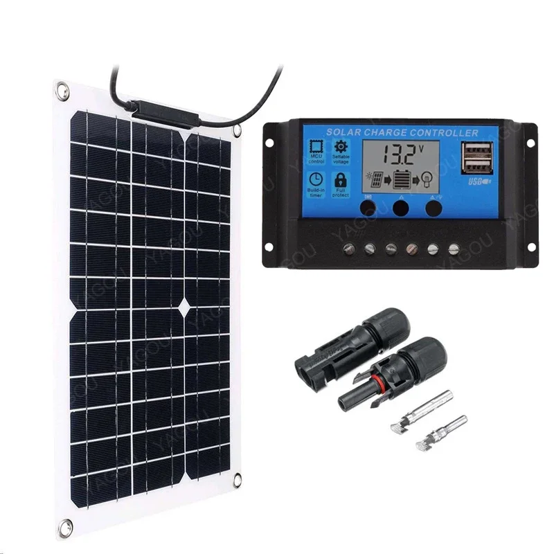 Kit Paneles Solares Completo 12V 100W Con Controlador 10-60A Enchufe Conectores Cable Para Placas Y Sistemas Fotovoltaicos