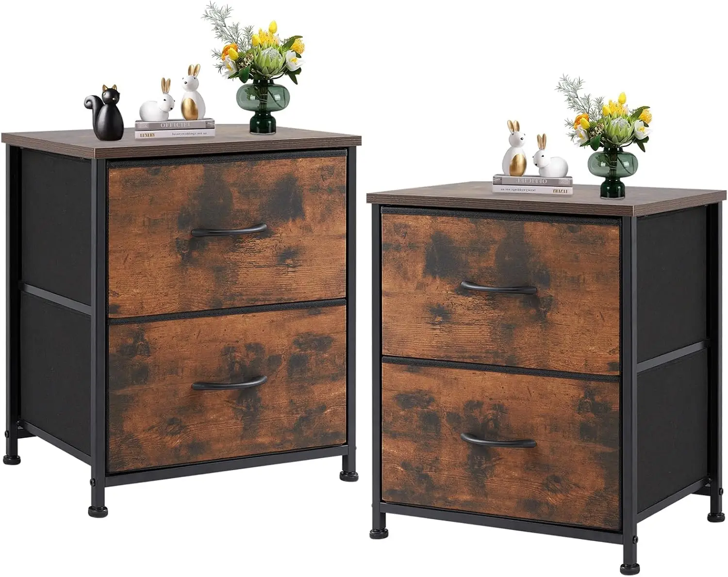 Nightstand Set of 2 with 2 Storage Drawers, 20" Height Small Bed Side Furniture End Table, Wooden Top Fabric Cabinet Kids Min