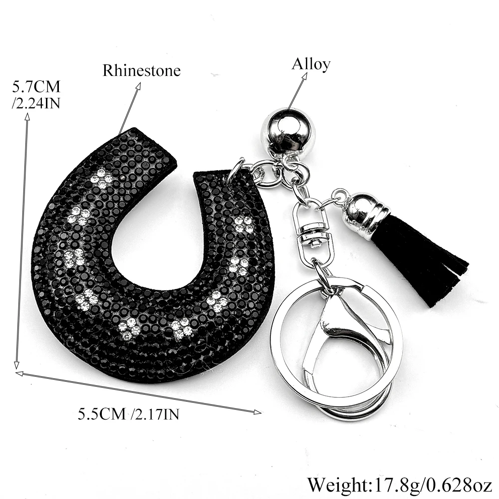 Hufeisen-Strass-Schlüsselanhänger für Damen und Herren, Glücksbringer im Western-Stil, Glitzernder Handtaschenanhänger mit schwarzer Quaste und Glocke, Taschenanhänger, Schmuckgeschenke – Detail 3