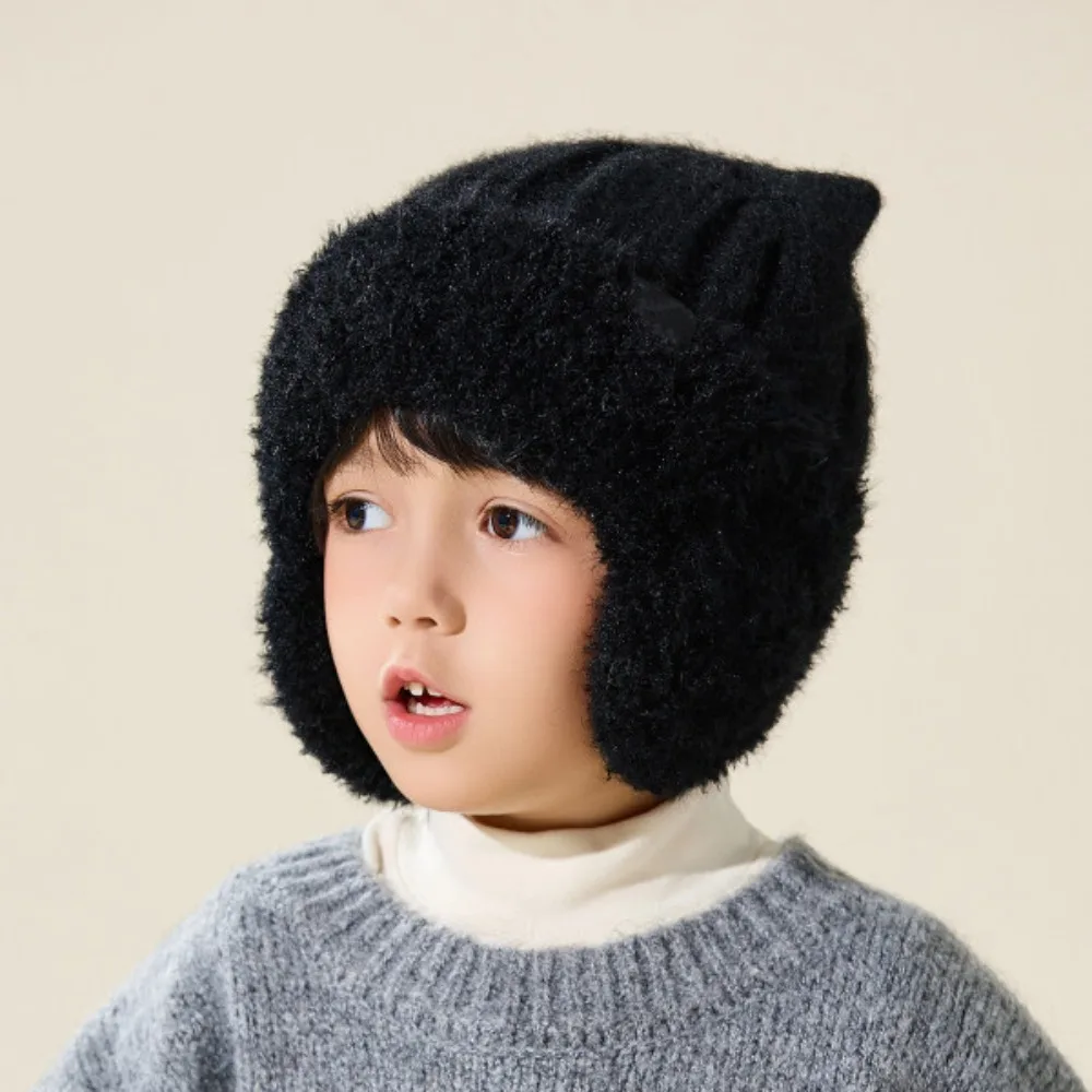 New Knitted Fabric Winter Earflap Hat Ribbed Knit Cat Ear Shape Lined Hat Soft Stretch Lining Knit Earflap Beanie For Children