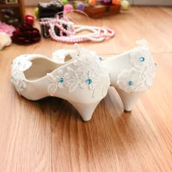 White Flower Women Pumps Wedding PU 3 5 8CM Thin Heels Fashion Rhinestone Lace Shallow Flower Shoes for Woman Ladies Party Dress