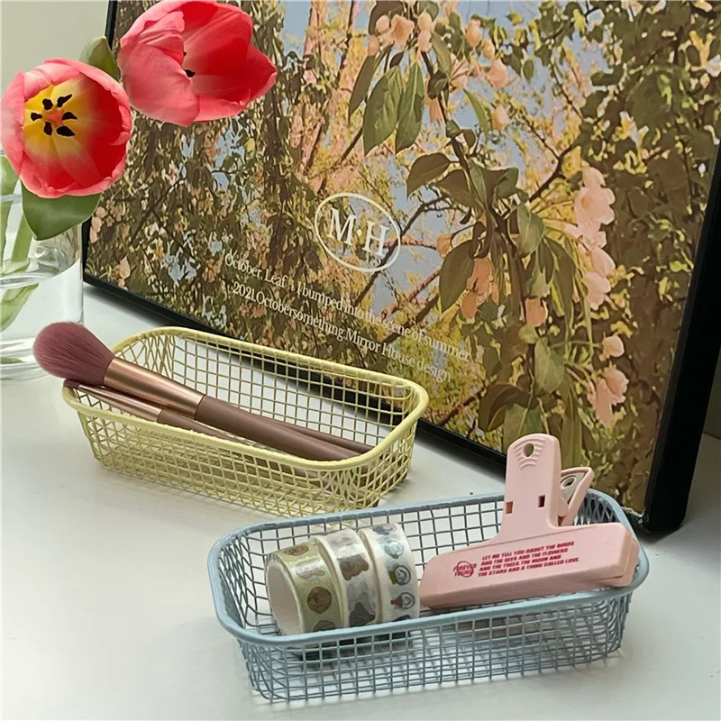 Metal Storage Basket Desktop Stationery Storage Sundries Organizer Makeup Brush Holder Container Functional Photocards Case