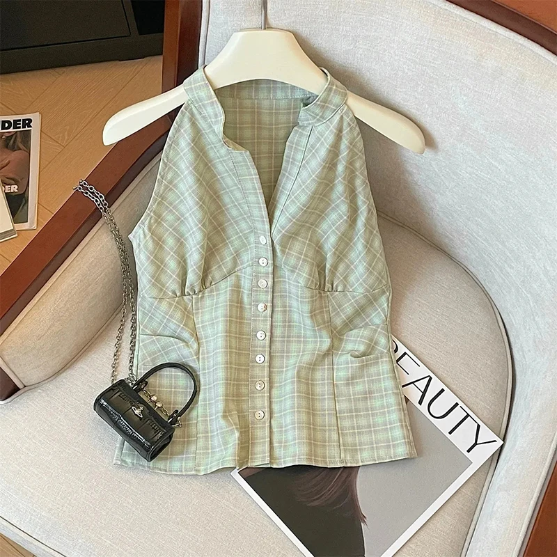 

Retro Plaid Off Shoulder Women Shirt Summer Harajuku Single Breasted V Neck Top Korean Chic Sleeveless Crop Camis Blouse Mujer