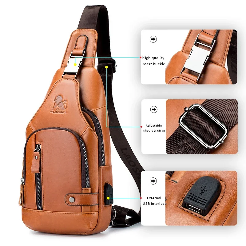 

Cowhide Chest Bag Men's Genuine Leather Casual Crossbody Bags USB Head Layer Front Shoulder Package Solid Color Dropshipping Top