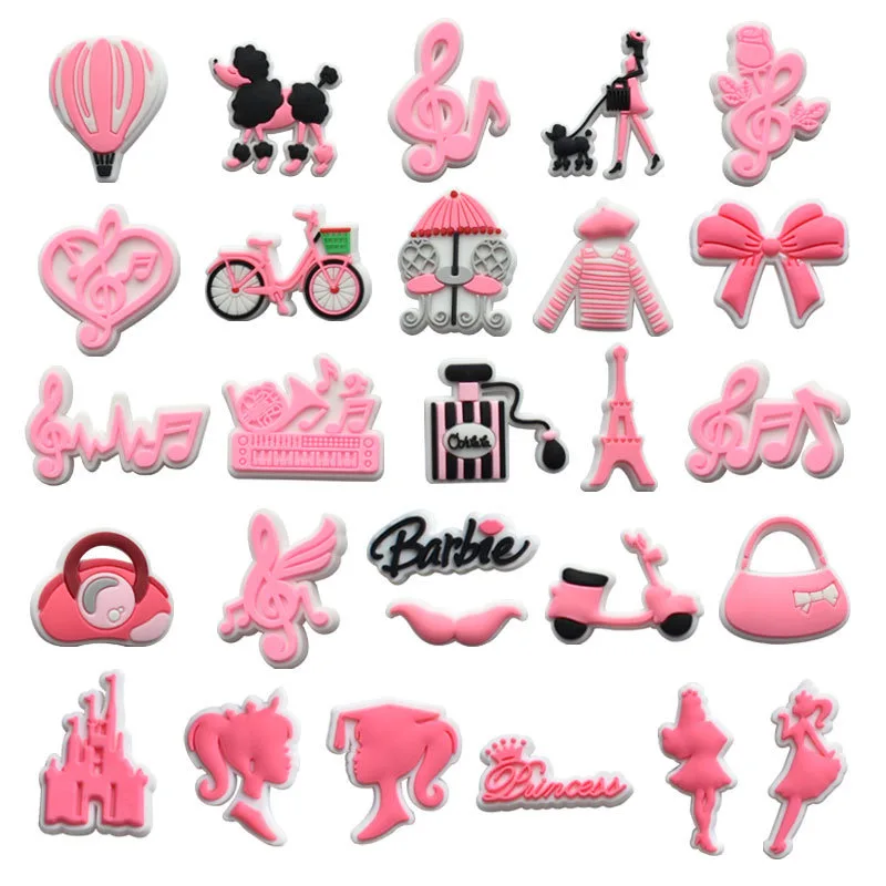 26-36pcs Pink Cute Barbie Doll Girls Series Shoe Charms Cartoon Shoes Accessories Clog Sandal Shoe Decoration Buckle Kids Gifts