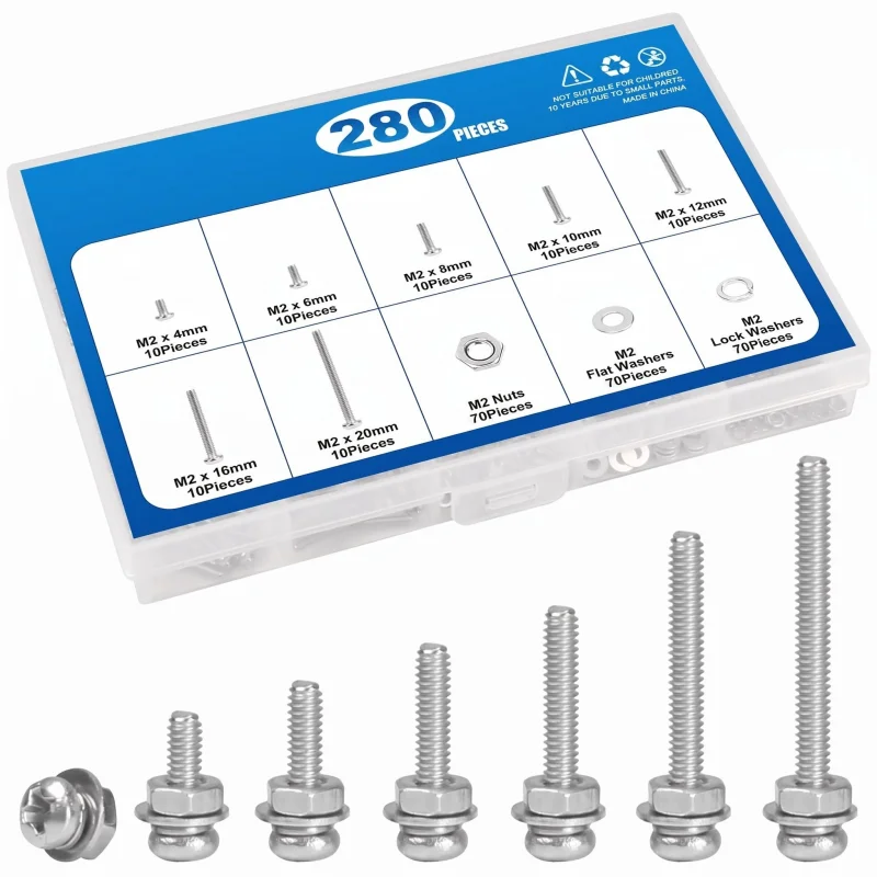 280Pcs M2/M2.5 Phillips Pan Head Machine Screws Kit with Nuts And Washers Assorted Sizes 4-20mm Fully Threaded for DIY Projects