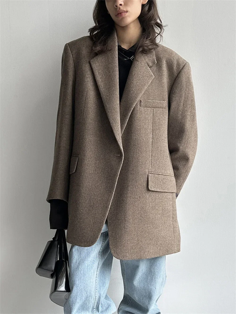 Women's Herringbone Wool Blazer Loose Fit Single Button Office Coat Outerwear Fall Winter 2026 Lady Suit Jacket