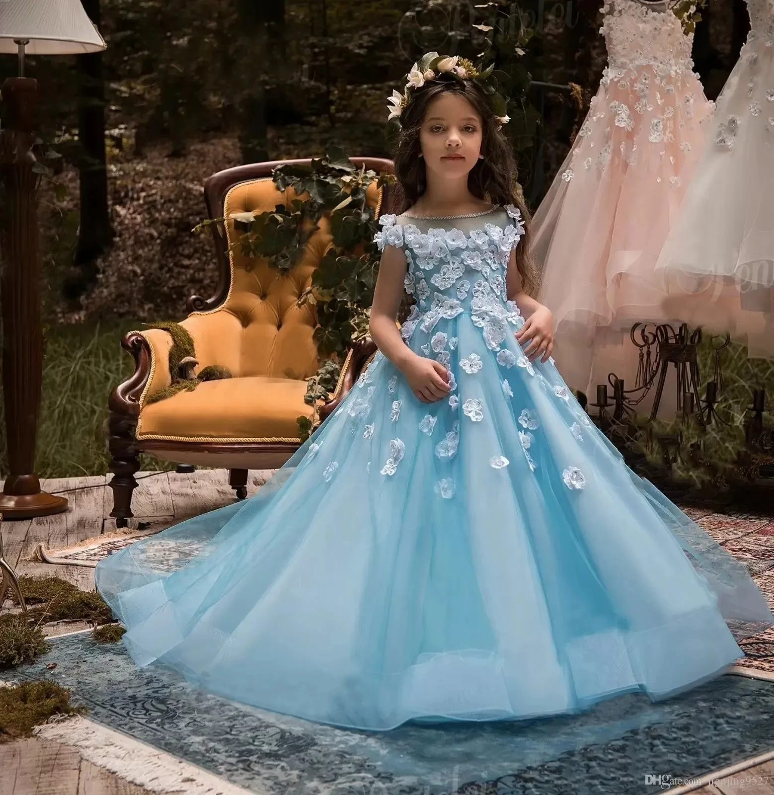 New Blue Girls Pageant Gowns Applique Sleeveless Flower Girl Dresses For Wedding Tulle Kids Communion Dress