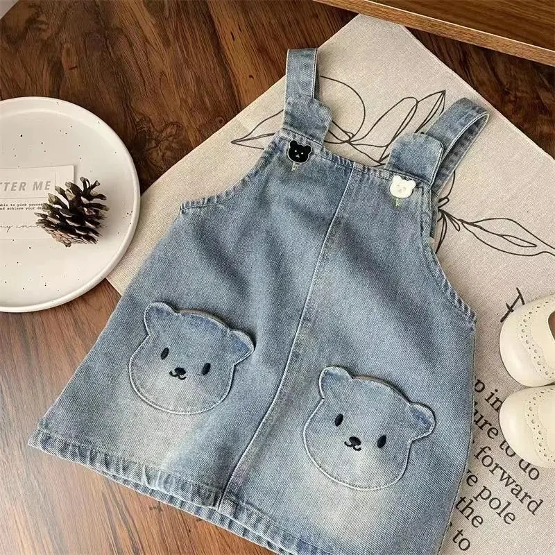 Sweet Bear Pattern Girls Denim Suspender Skirt Children Summer Short Denim Skirt Baby Girl Cute Casual Denim Suspender Skirt