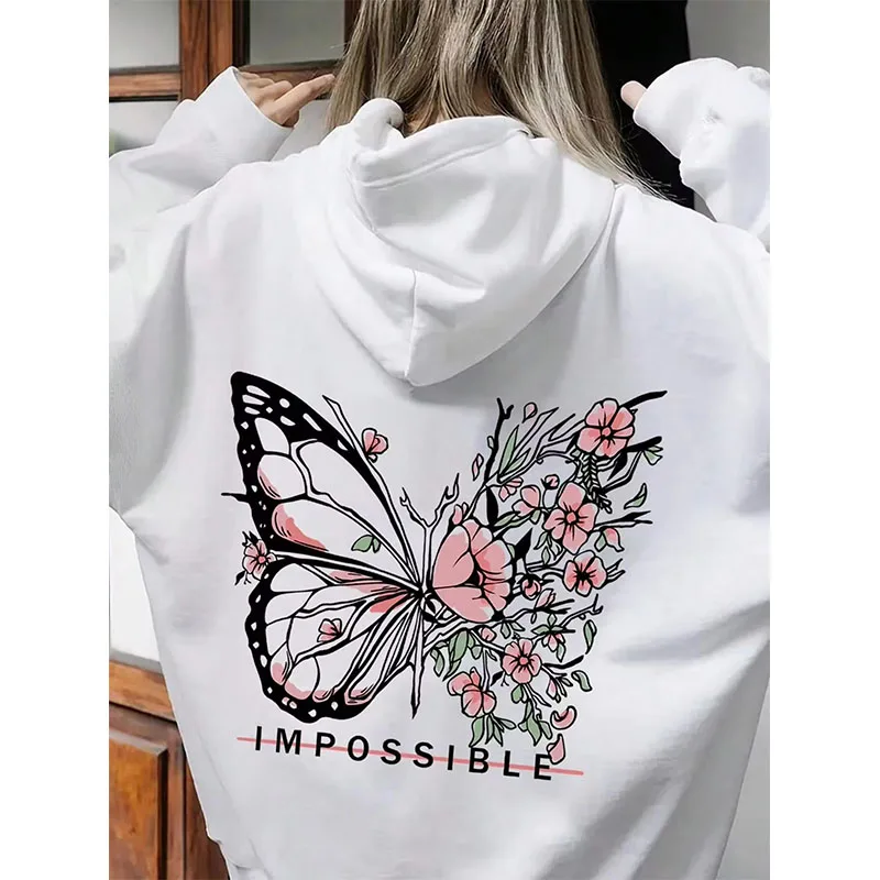 Rose Butterfly Impossible Letter Graphic Print Women Sweatshirt Fashion Warm Hooded Loose Casual Hoodies Fleece Soft Clothing