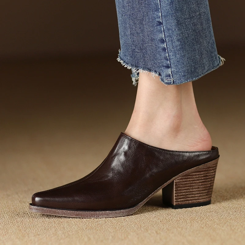 

Women's new summer genuine leather sheepskin comfortable thick heel high heels retro toe Mueller shoes fashion slippers
