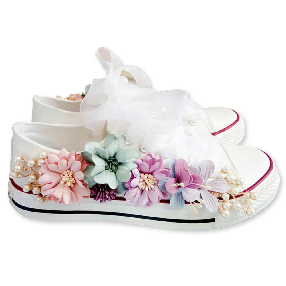 2023 New Korean Fantasy 7 Color DIY Flowers Vulcanized Shoes Pearl Hand-Made Designer Women's Rhinestone Platform Canvas Shoes