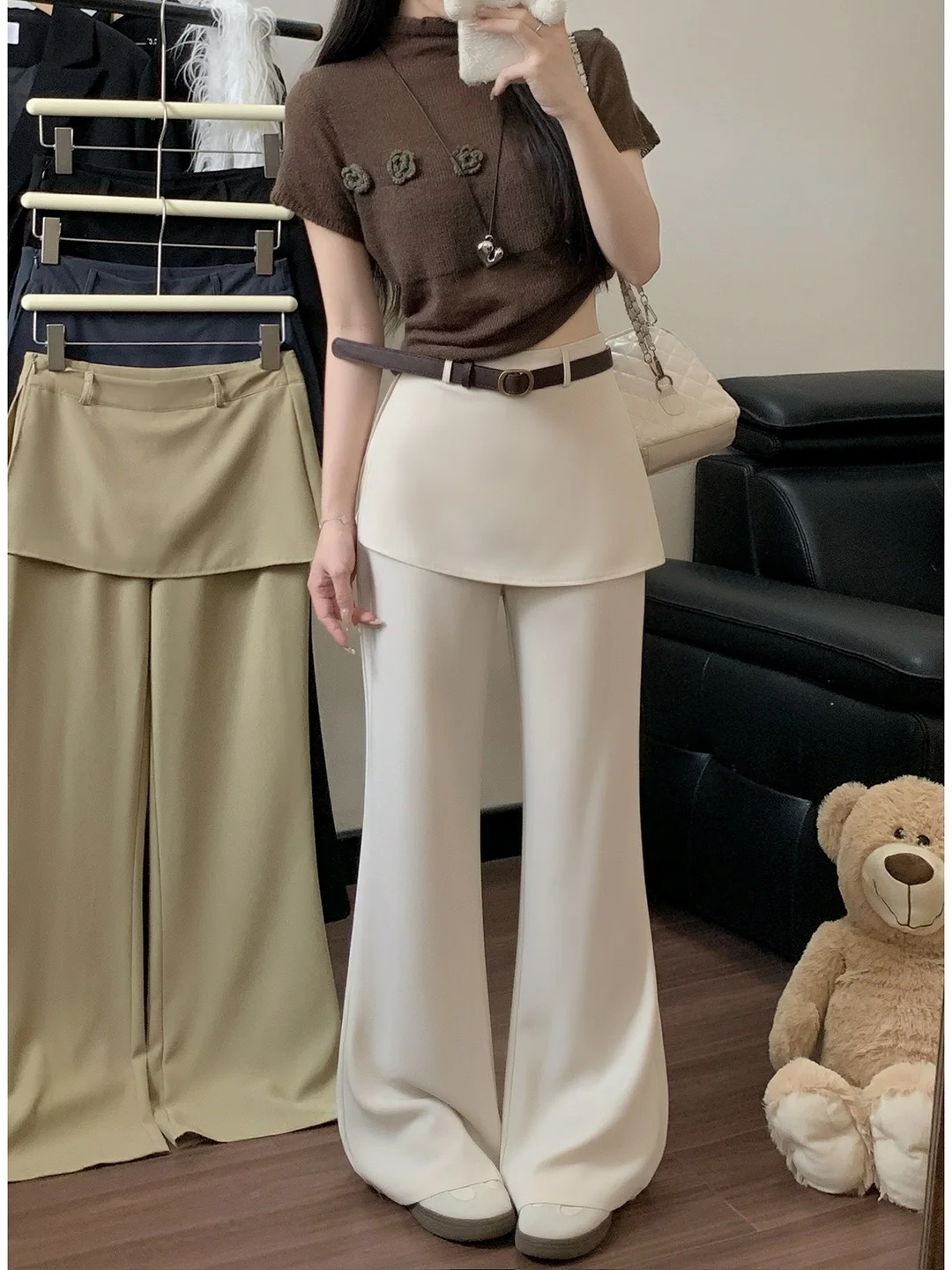 

2026 Korean Style Lazy Style Zipper Wide Leg Pants Casual Loose Fake Two-Piece Straight Leg Trousers Women's Fashion