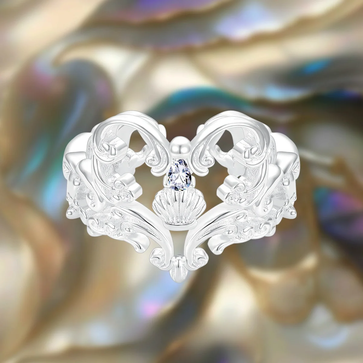 F.I.N.S Original S925 Sterling Silver Ring Luxury Baroque Style Cubic Zirconia Scallop Pendant Hollowed Heart Finger Jewelry