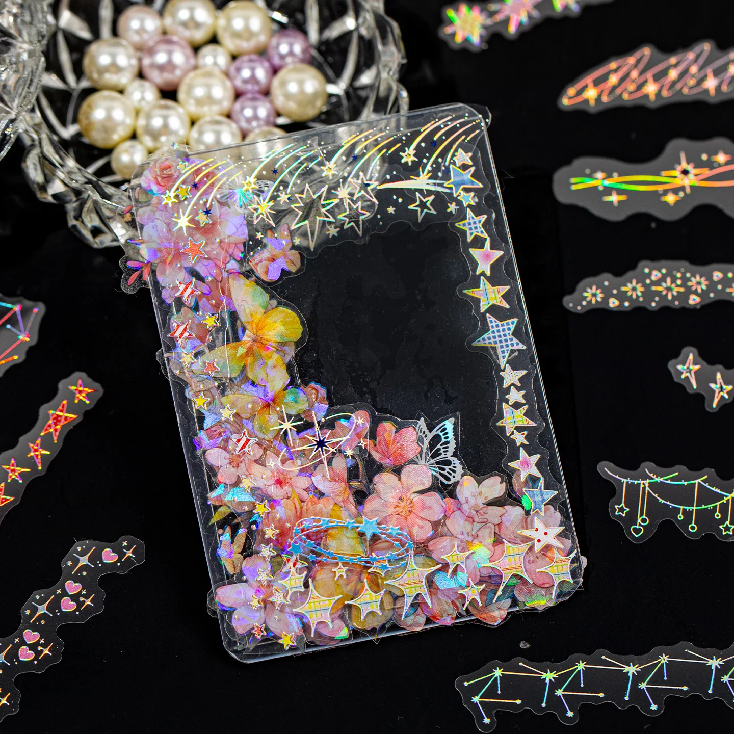 20pcs Starry Long Strip Stickers, Iridescent Tones, Galaxy & Fireworks Design, Versatile High-Value Journal Decor Stickers