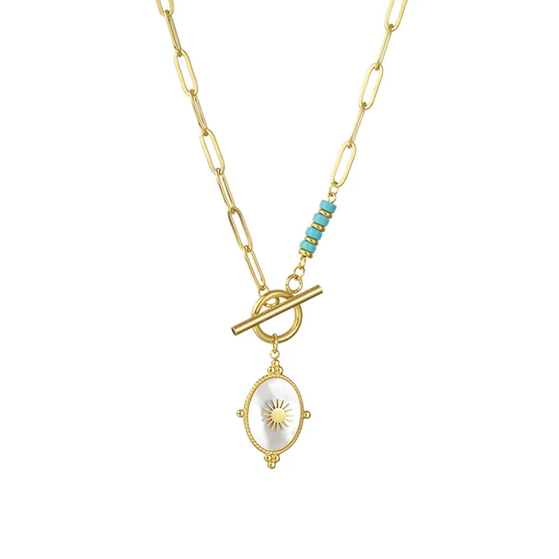 European Fashion Stainless Steel Ot Button Star Necklace For Girls French Vintage Turquoise Tassel Clavicle Chain For Women