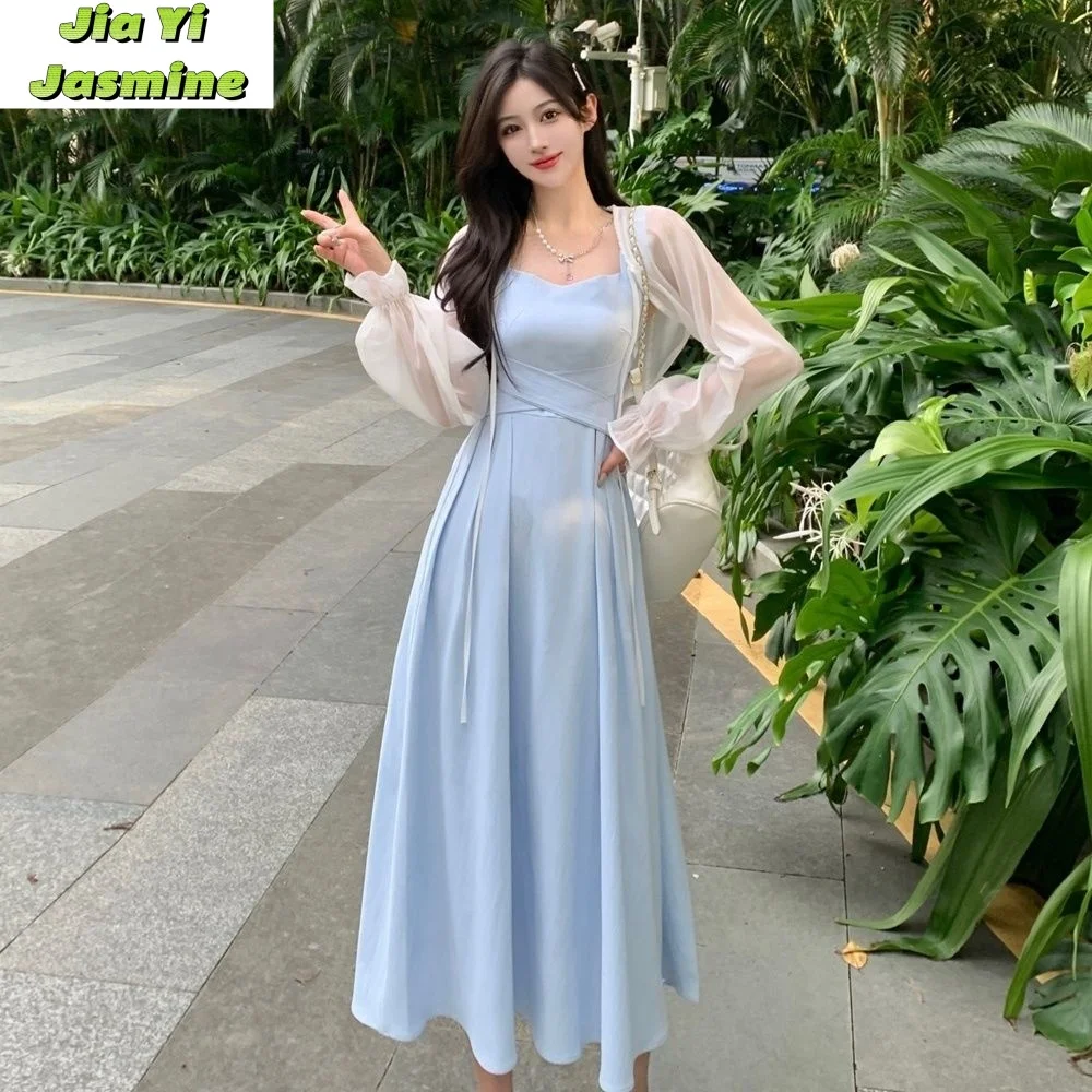 

2024 Summer New Solid Color Cross Strap Hanging Dress Girl Feeling Waist Tight and Slimming Dress Set