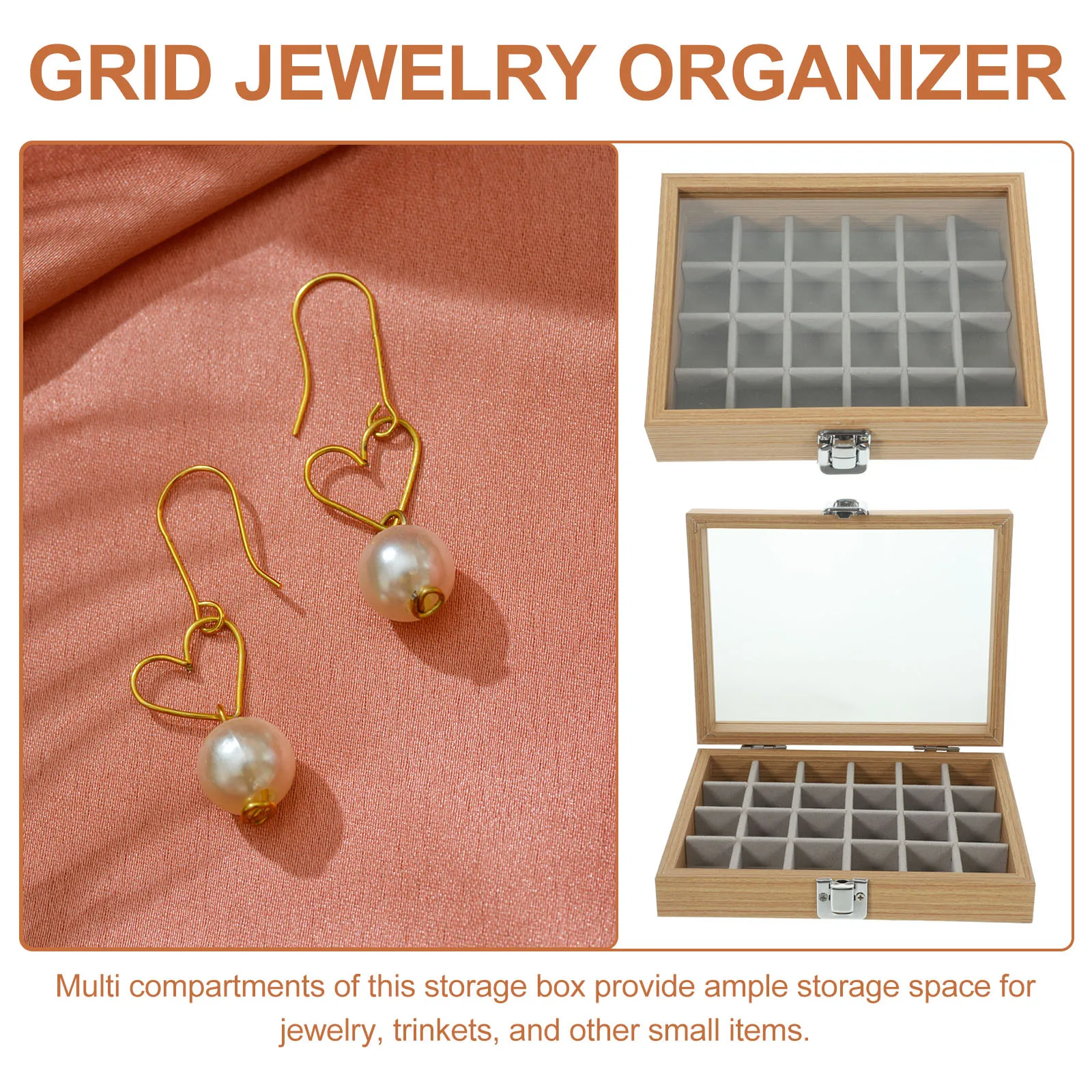 

Multi Compartment Wooden Jewelry Box with Clear Glass Lid Grid Organizer Case for Necklaces Bracelets Ring Storage Vintage