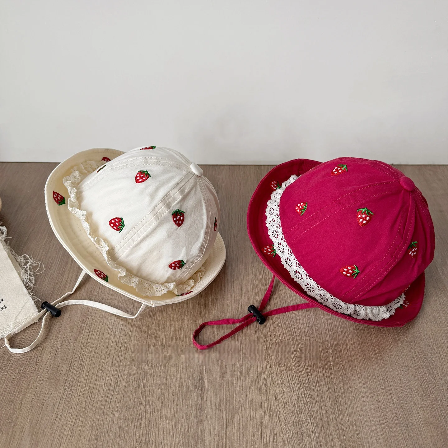 

Summer Thin Kids Fisherman Hat Strawberry Embroidery Lace Trim Girls Hat Solid Color Adjust Children Sun Hat