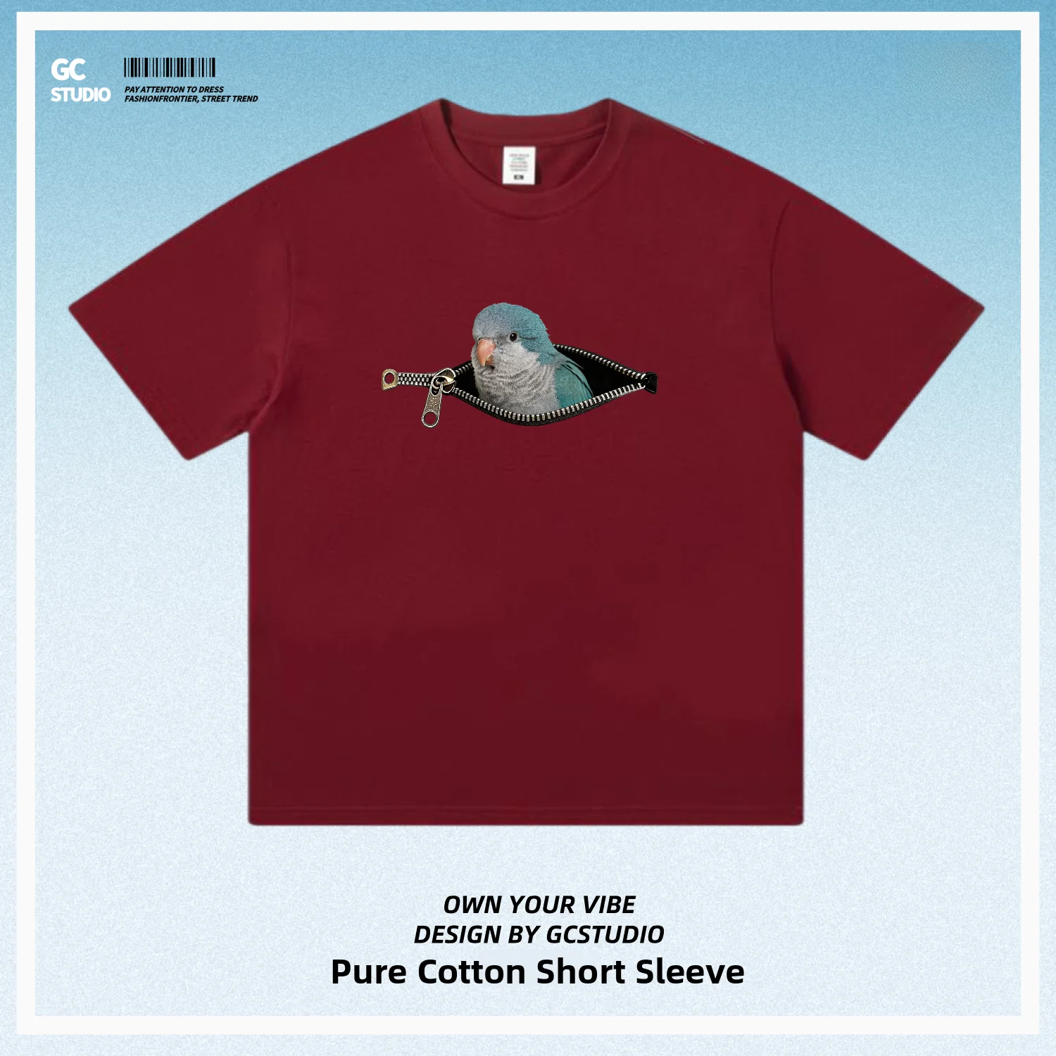 Zipper Parrot Blue Pure Cotton T-Shirt Unisex Commute Print Fun Couple Pet Bird Book Loose Fit Short Sleeve round Neck