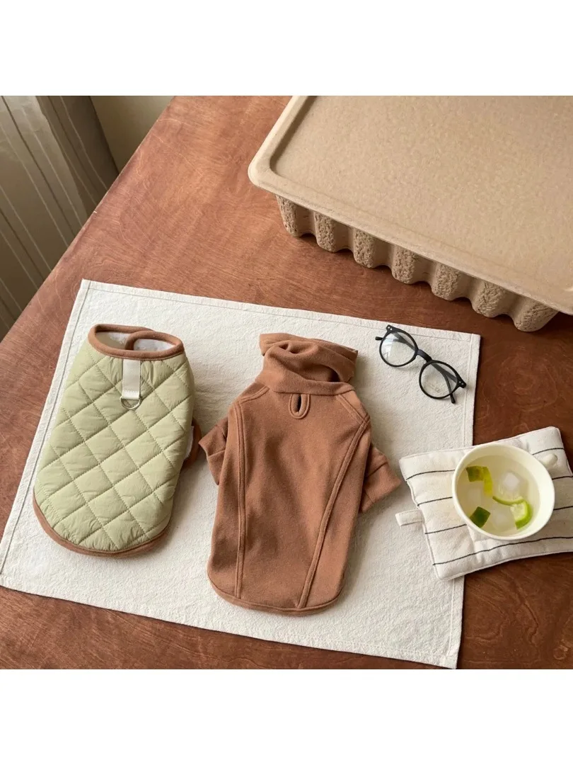 Manteau à carreaux pour animaux de compagnie, automne/hiver, col haut mignon avec base en velours, haut épais et chaud, vêtements pour chiens de petite taille