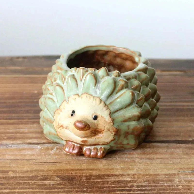 1pc Cute Hedgehog Ceramic Planter - Kiln Glaze Finish, Garden Succulent Plant Pot, Bonsai Flower Pot Decoration