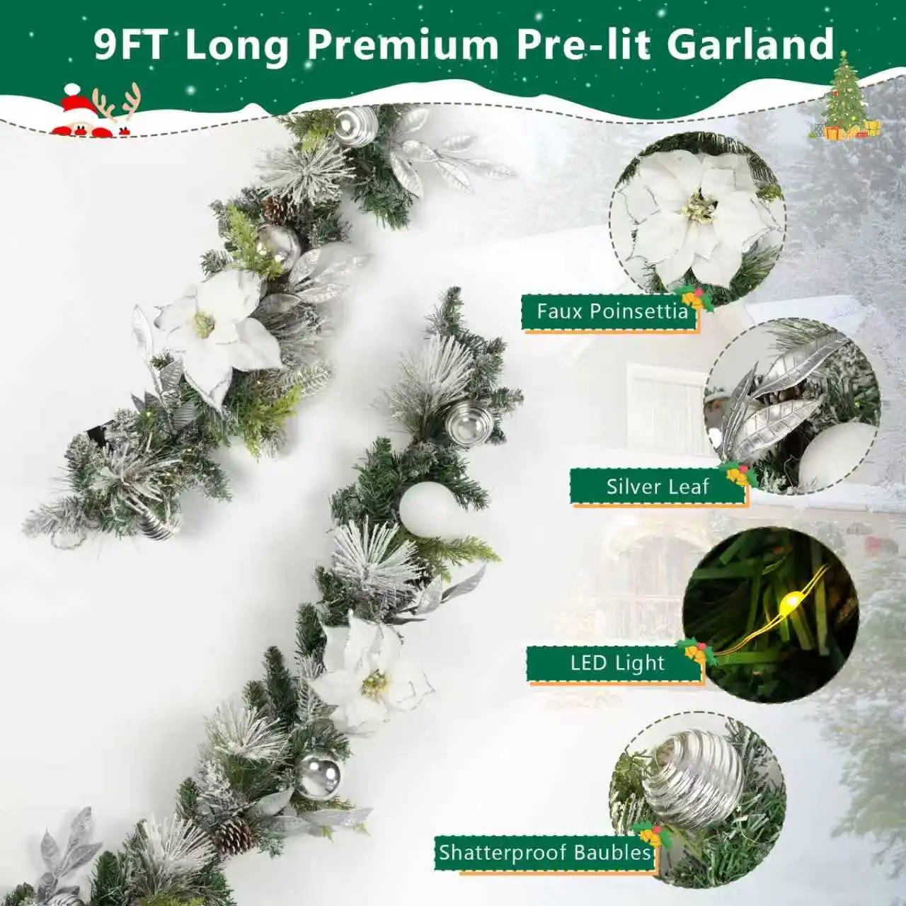 Lighted Christmas Garland for Mantle, Fireplace, Stairs, Garland for Front Door Pre-lit 9 Feet Winter White Silver Poinsettia Garland with 100 LED Lights, Timer Operated In/Out Door Decor - view 2