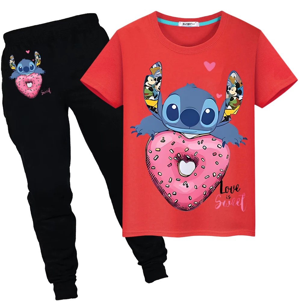 

Stitch Disney Print 100%Cotton Cute T-shirt Summer Sports suit boys girls Tshirts disney Kawaii Tees Short+pant kid holiday gift