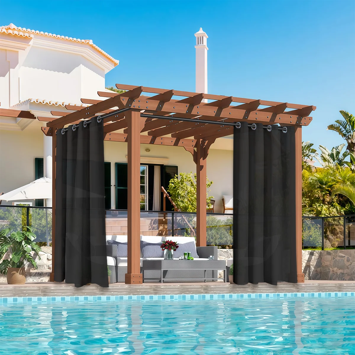 2 PCS Outdoor Light Filtering Waterproof Garden Decor Privacy Protection Grommet Top Curtains for Patio, Porch, Pergola, Gazebo