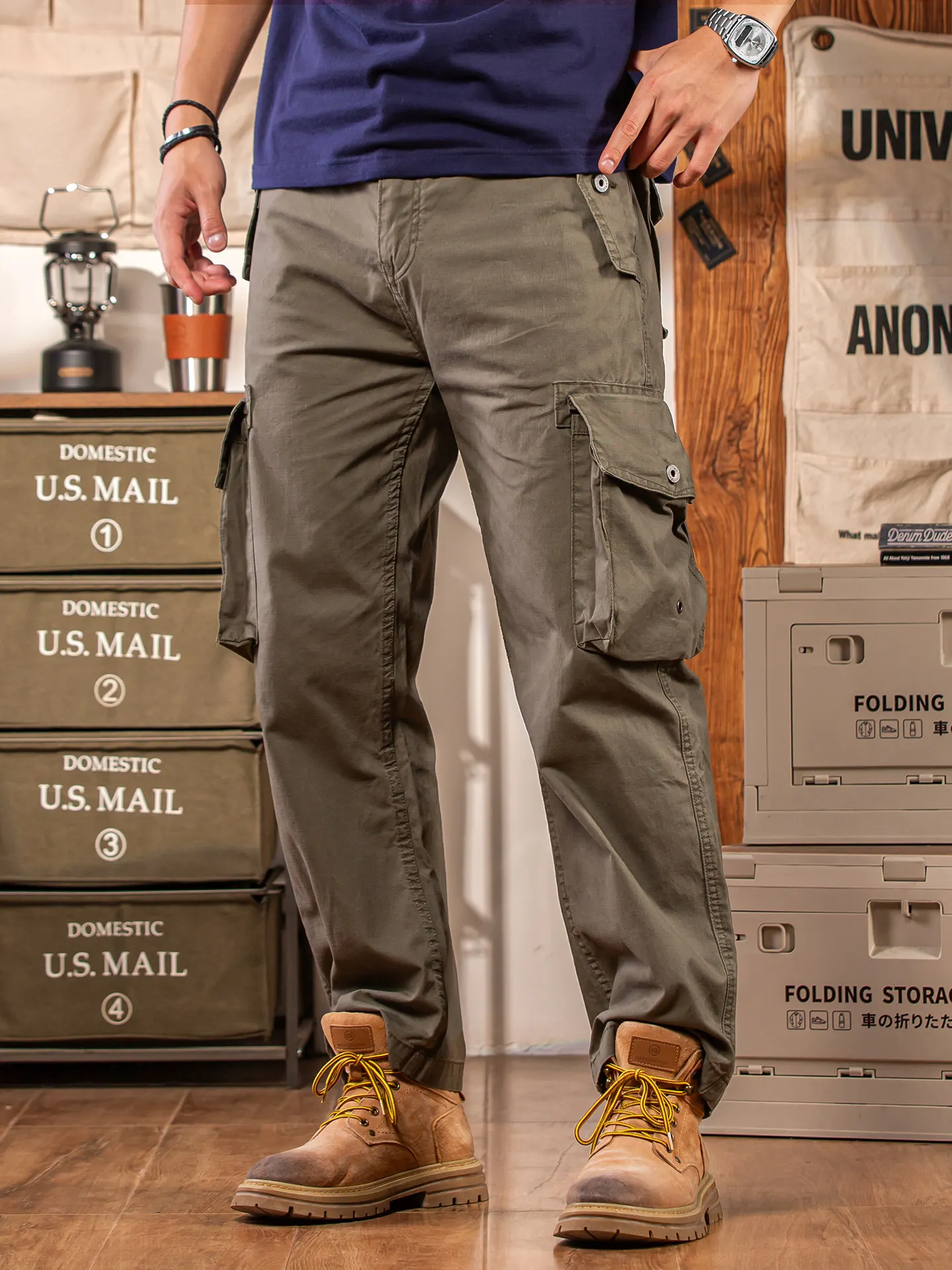 

5156# Spring Autumn New American Rerto Woven Cargo Pants Men's Amekaji 100% Cotton Washed Straight Casual Multi Pocket Trousers