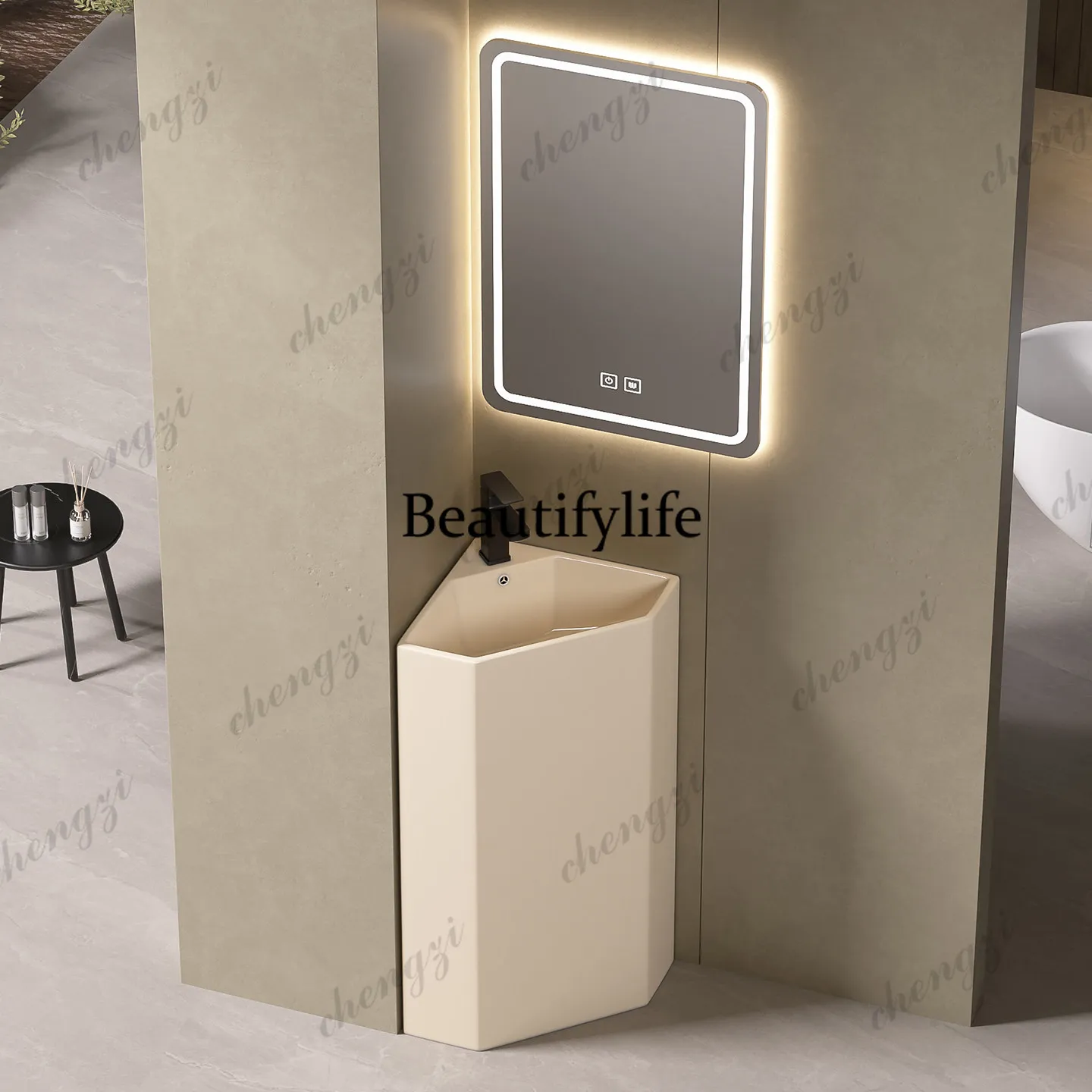 Ceramic pillar basin integrated floor-to-ceiling washbasin, triangular balcony small apartment courtyard washbasin