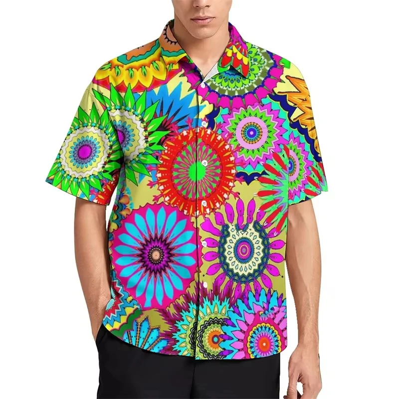 Summer Casual Floral-Print Short-Sleeve Shirt Artistic-Print Men's Shirt Lapel-Collar Fashionable Vacation Hawaiian Shirt