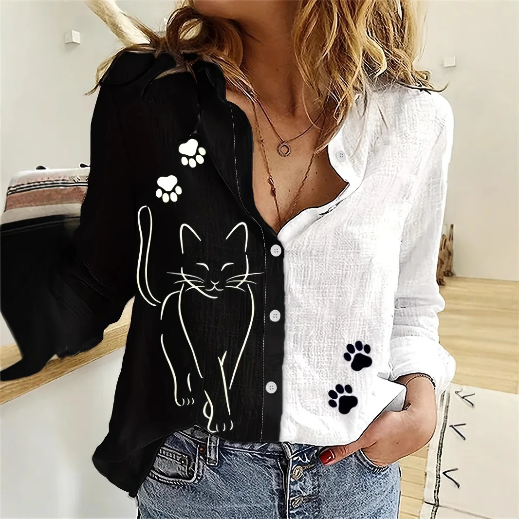 

Women's Fashionable Contrasting Color Splicing Tops and Sexy Long-sleeved Cat Shirts 2025 Spring and Autumn New Design