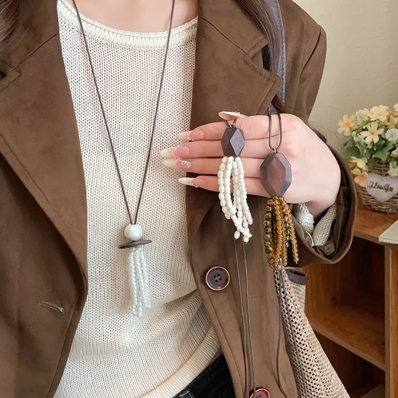 Minar Retro Natural Stone Tiger Eyes Wood Glass Beads Imitation Pearl Tassel Pendant Necklaces for Women PU Leather Chain Choker