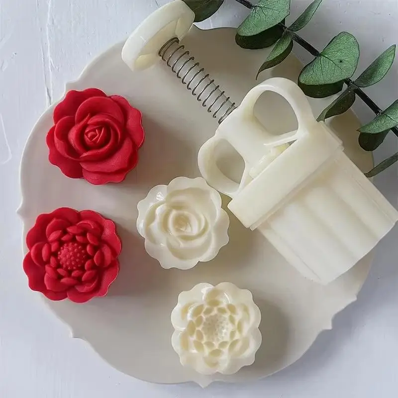 1 Set 3D Flower Shape Mooncake Mold Non-Stick Hand Plunger for Mid-Autumn Family Gathering DIY Pastry Making
